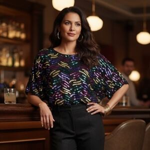 Vintage Exclusive Jainson Intl Black Silk Sequin Disco Party Short Sleeve Top L